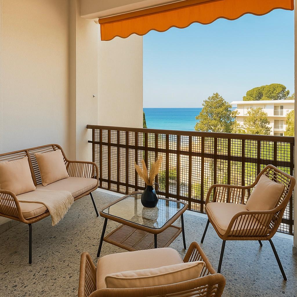 alon moderne et lumineux avec grande baie vitrée donnant sur la mer, plage almadrava